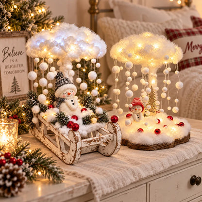 Lighted Snowfall Cloud Snowman Scene