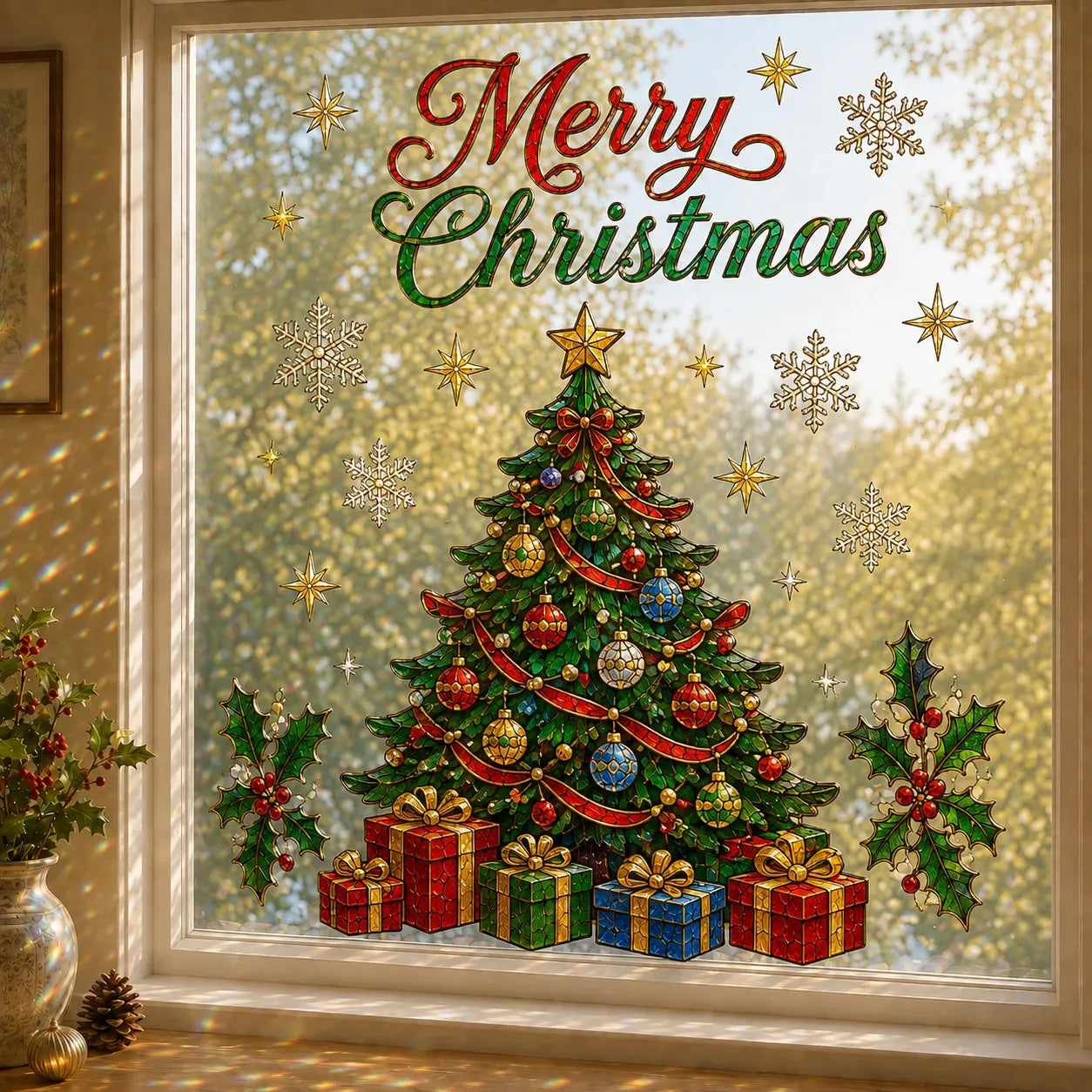 🎄🪟 Christmas Window Scene Decor – 28×28in Festive Snowman & Angel Holiday Art