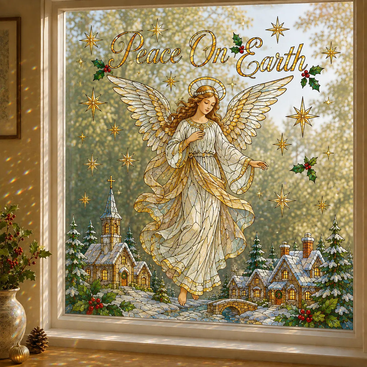 🎄🪟 Christmas Window Scene Decor – 28×28in Festive Snowman & Angel Holiday Art