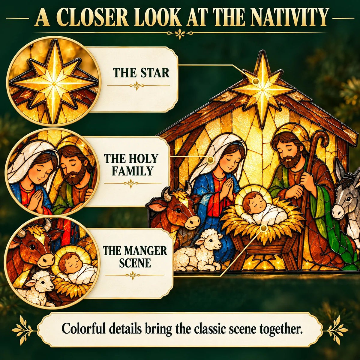 ✝️ Nativity Scene Christmas Decoration 🎄✨ Stained Glass Style Holy Family Display with Baby Jesus, Mary, Joseph & Stable Animals 🕊️🎁