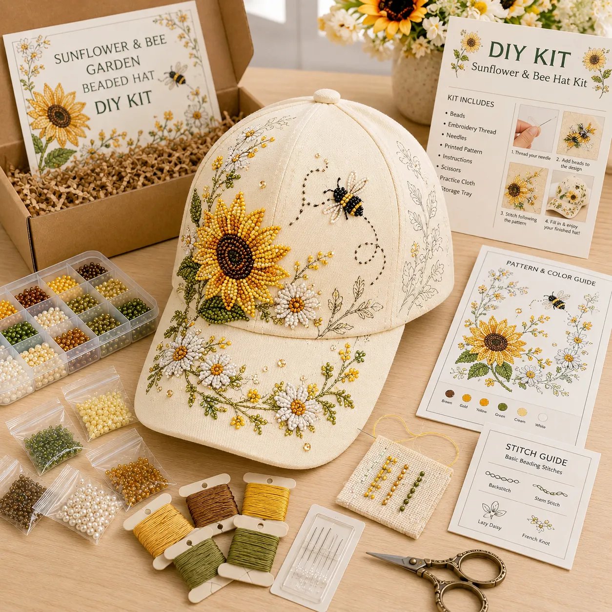 🌸🐦Hummingbird Garden Beaded Hat DIY Kit – Create Wearable Art by Hand🌿✨