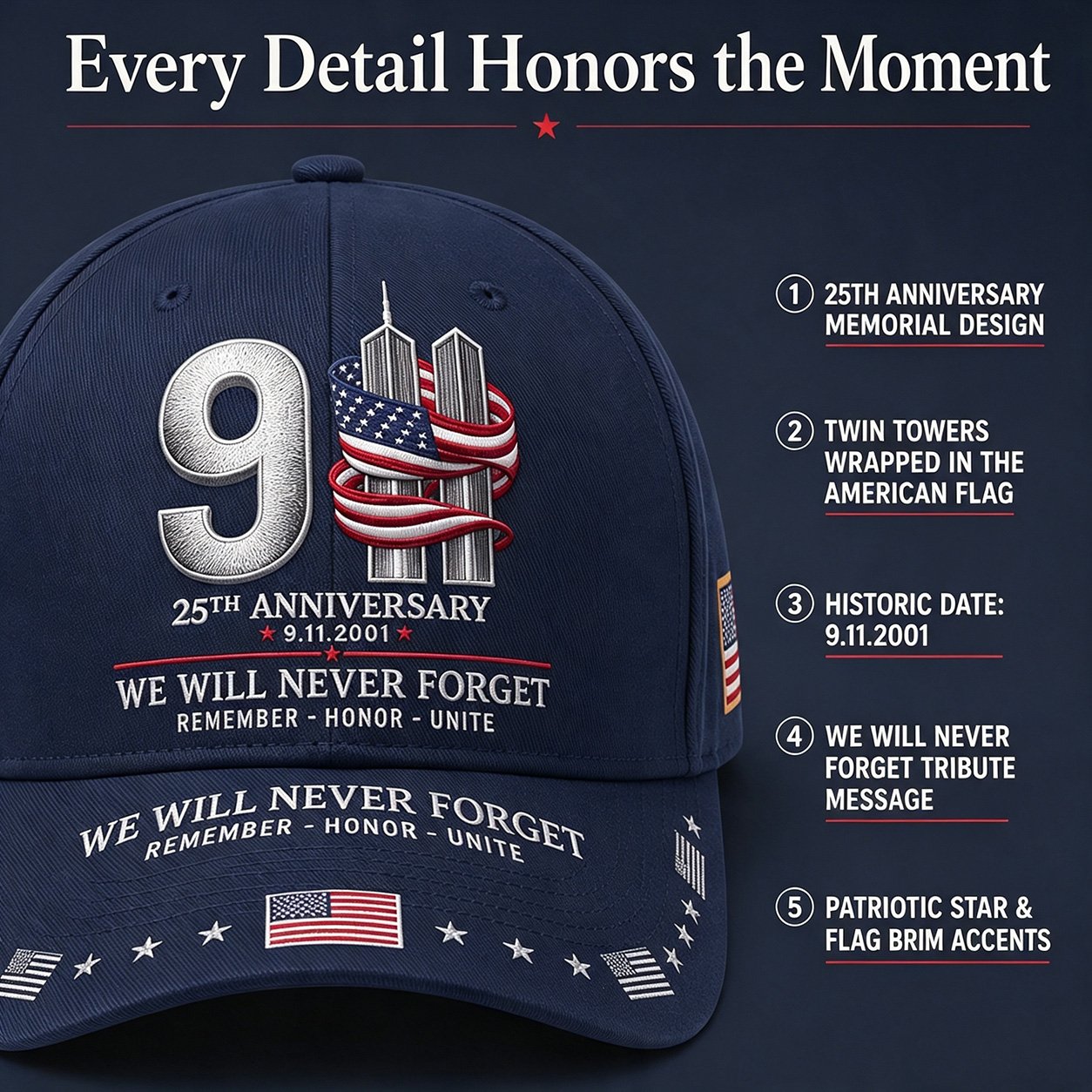 🇺🇸 9/11 25th Anniversary “We Will Never Forget” Memorial Embroidered Cap