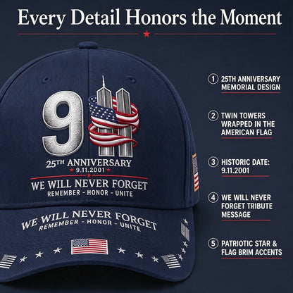 🇺🇸 9/11 25th Anniversary “We Will Never Forget” Memorial Embroidered Cap