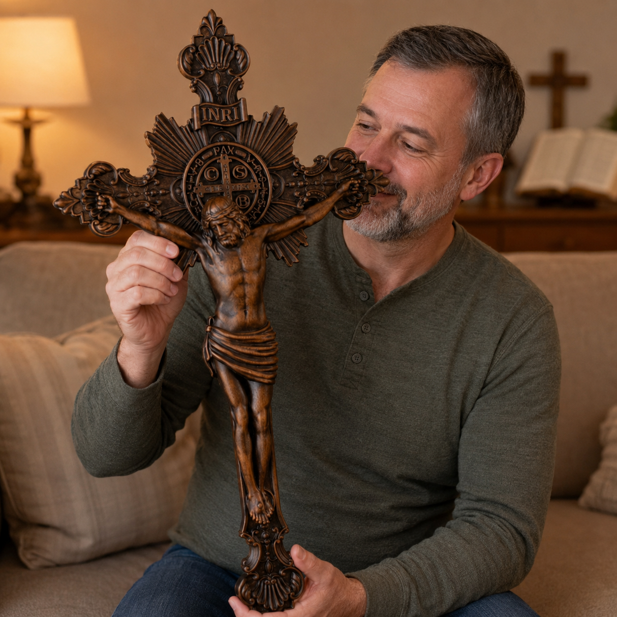 St. Benedict Exorcism Cross wood carved - Bless you and your family - product view