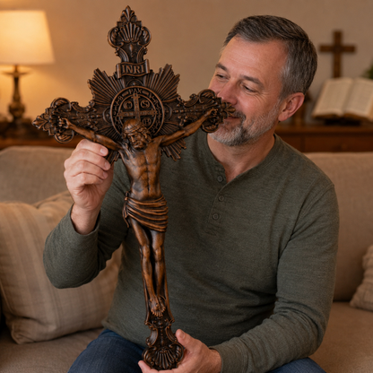 St. Benedict Exorcism Cross wood carved - Bless you and your family - product view