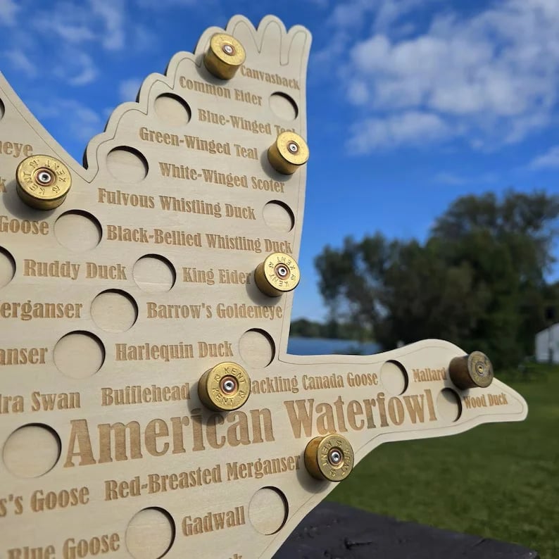 American Waterfowl Challenge Wooden Map 🦆 – Engraved 41 Species Duck Hunting Wall Decor & Harvest Tracker