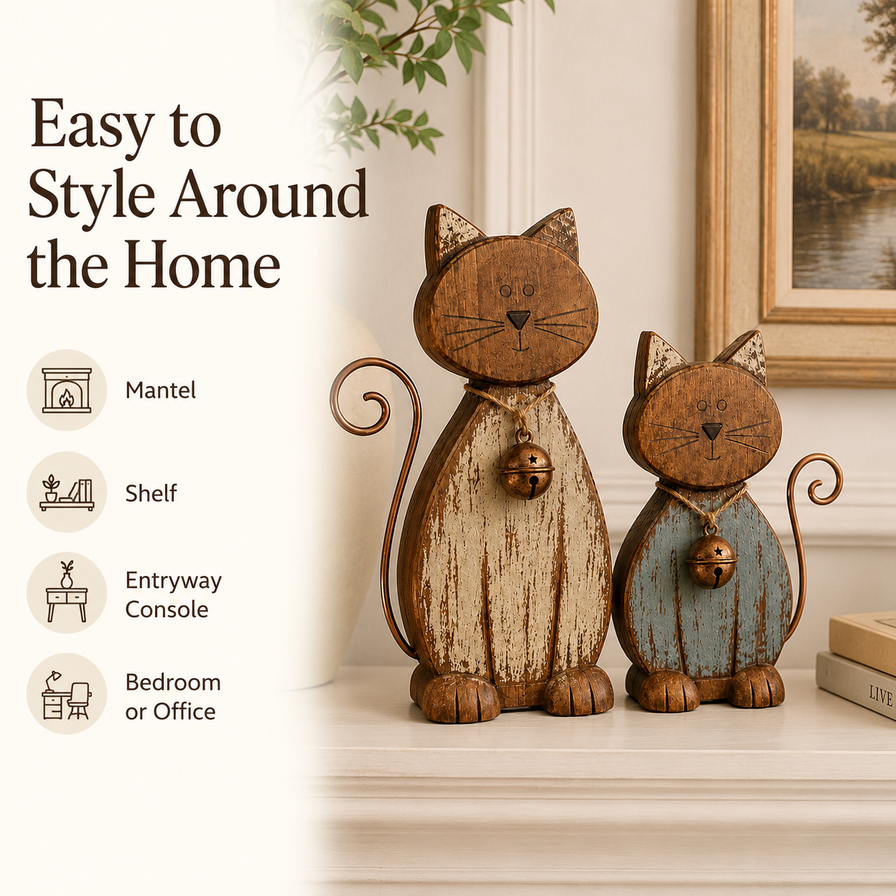 Rustic Wooden Cat Figurines Set of 2