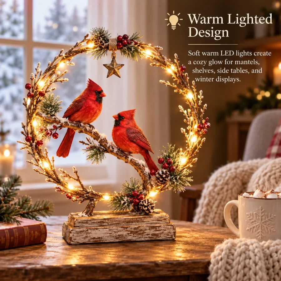Lighted Cardinal Tabletop Decor, Rustic Red Cardinal Pair with Warm LED Lights