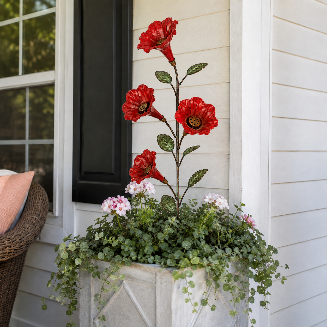 Vintage Red Flower Hummingbird Feeder Garden Stake