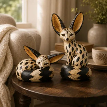 Vintage Fennec Fox Sitting and Resting sculpture set