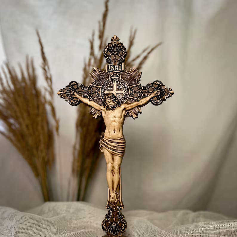 St. Benedict Exorcism Cross wood carved - Bless you and your family - side view
