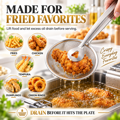 2-in-1 Spider Strainer Tongs – Stainless Steel Frying & Draining Tool