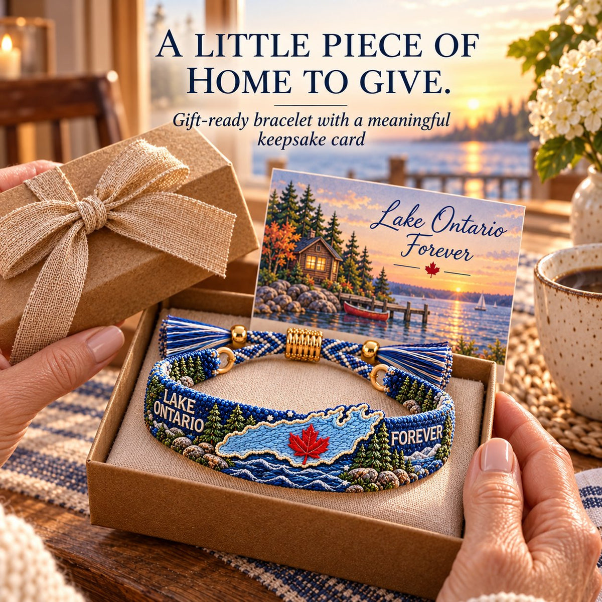 🌊 Lake Ontario Forever Embroidered Bracelet | Scenic Lake Design with Adjustable Woven Band, Meaningful Message & Gift-Ready Keepsake Box 🍁