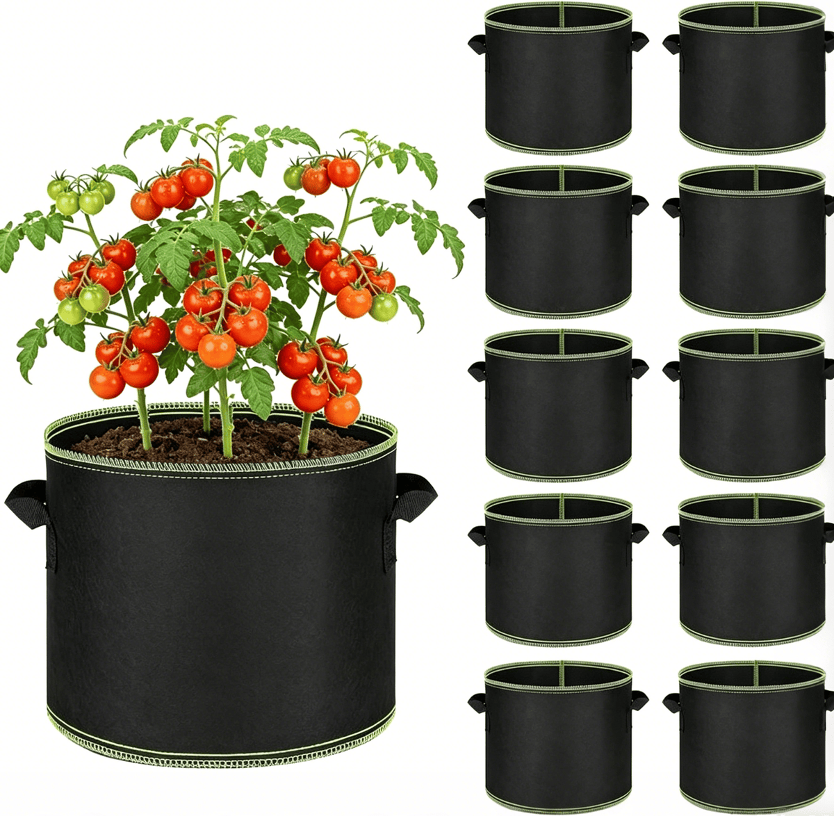Ten-pack option of five-gallon fabric grow bags