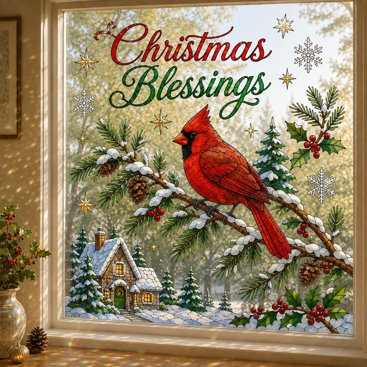 🎄🪟 Christmas Window Scene Decor – 28×28in Festive Snowman & Angel Holiday Art
