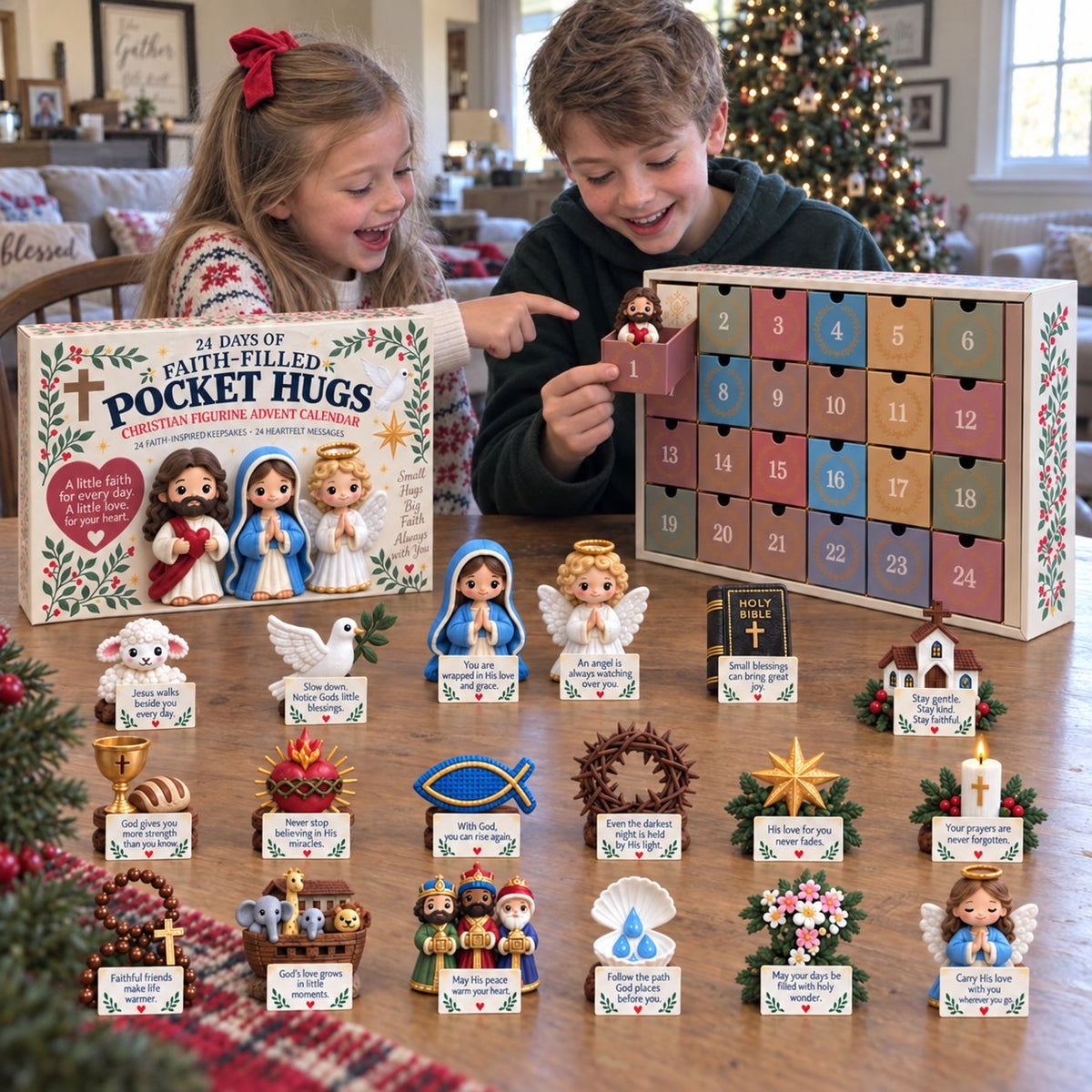 ✝️ 24 Days of Faith-Filled Pocket Hugs™ Advent Calendar | 24 Unique Hand-Painted Christian Keepsakes with Matching Encouragement Cards & No Repeated Designs 🎁