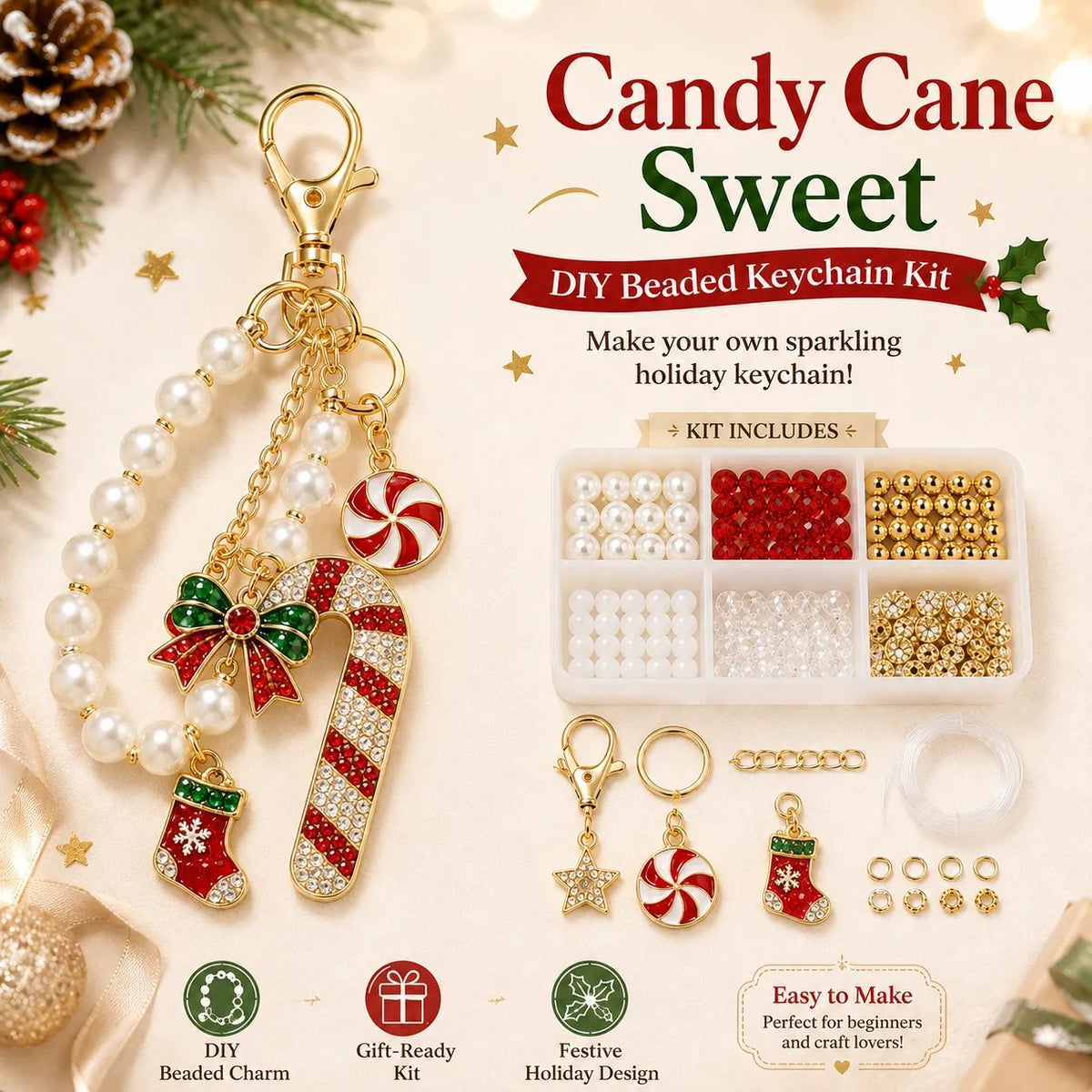 🎄✨ Holiday Bead-It-Yourself Charm Kit – Festive Keychains & Bag Accessories