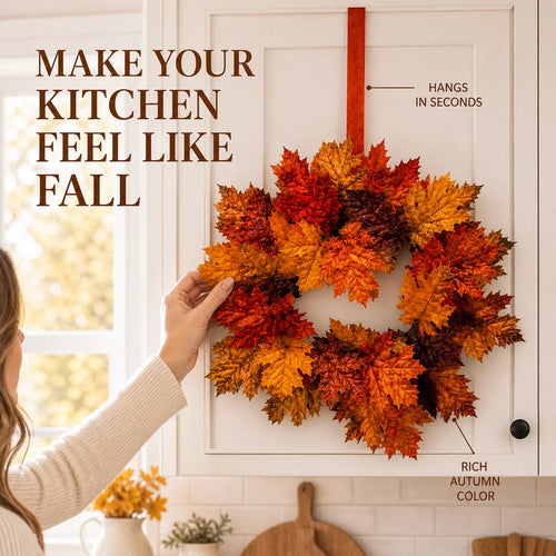 Mini Fall Maple Leaf Cabinet Wreath with Hanging Ribbon