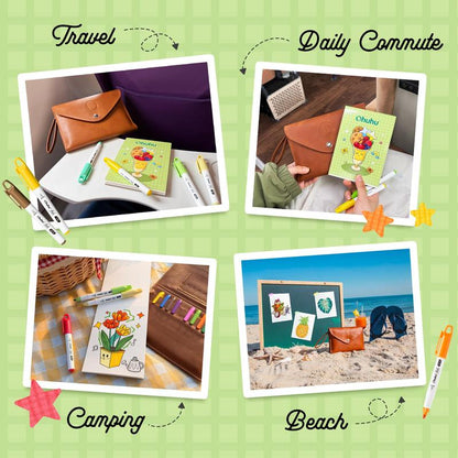 🎨 Beginner-Friendly Pocket Travel Coloring Kit | Complete Set with 12 Alcohol Markers, Coloring Book & Reusable Travel Case Included ✈️