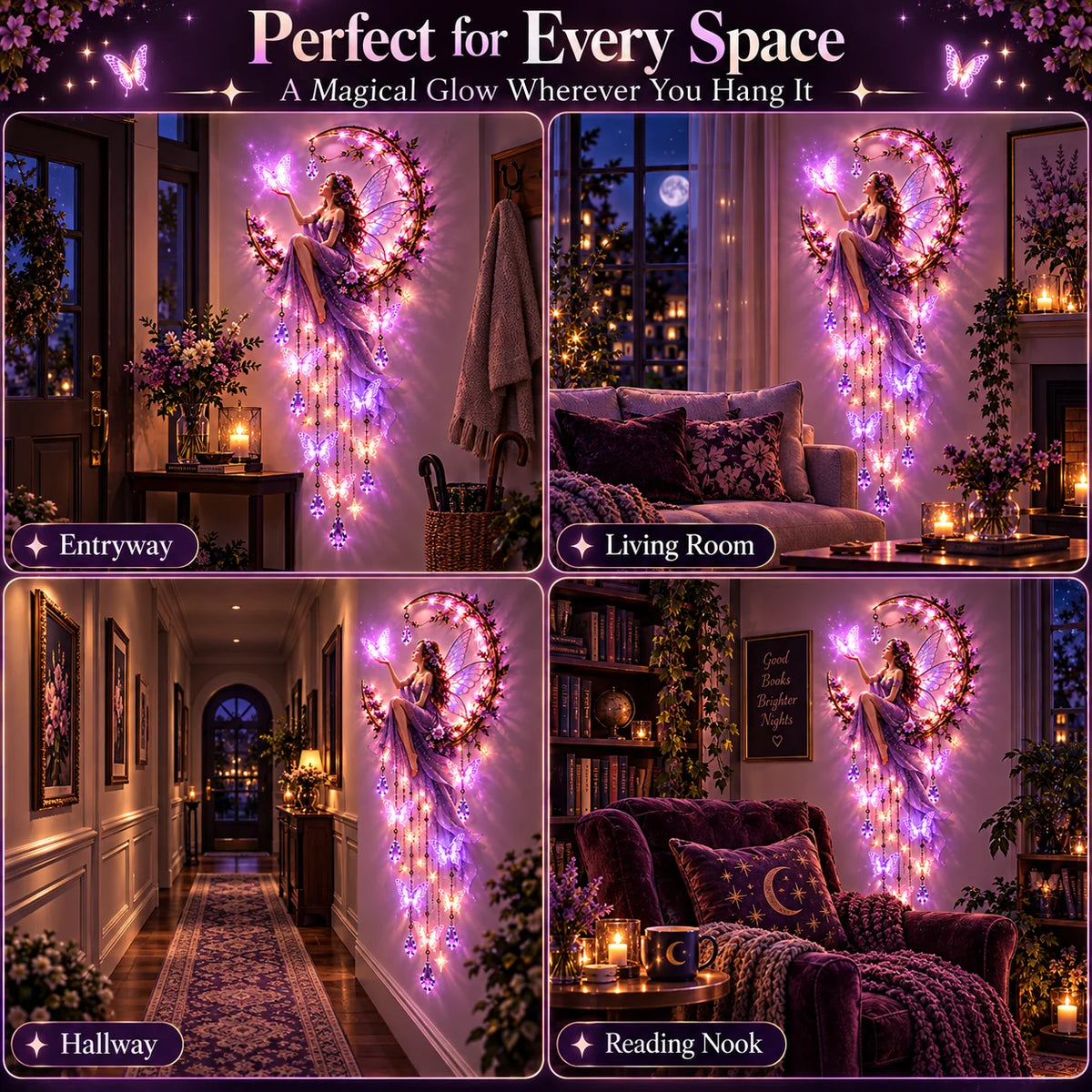 🦋 Enchanted Butterfly Moon™🌙 – Magical Fairy Starfall Wall Light with Cascading Crystal Glow
