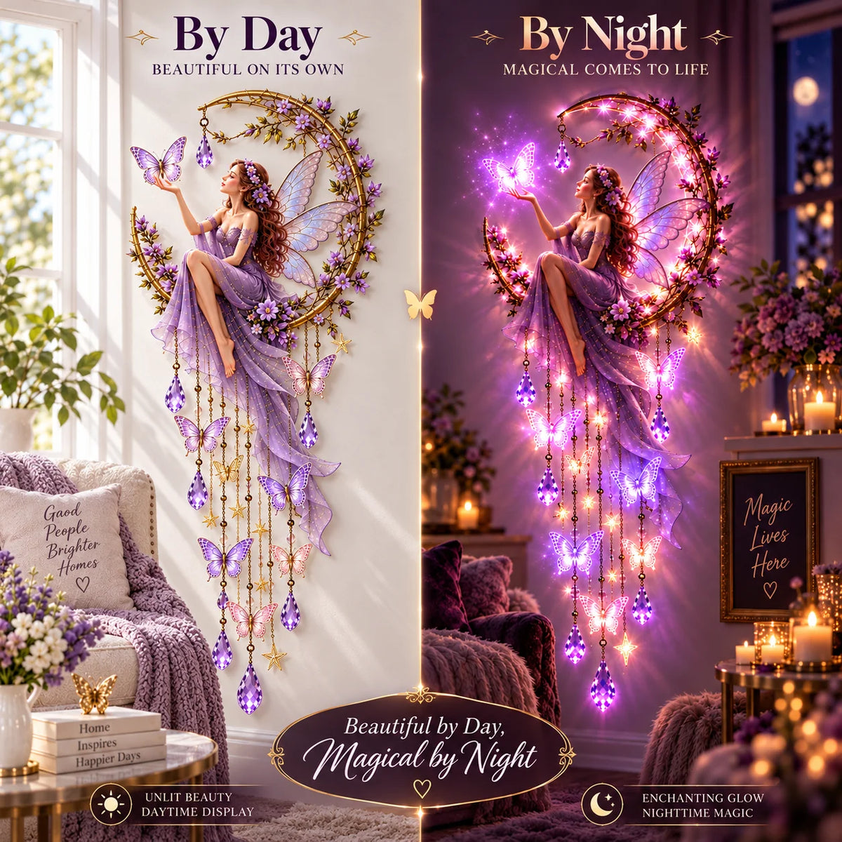 🦋 Enchanted Butterfly Moon™🌙 – Magical Fairy Starfall Wall Light with Cascading Crystal Glow