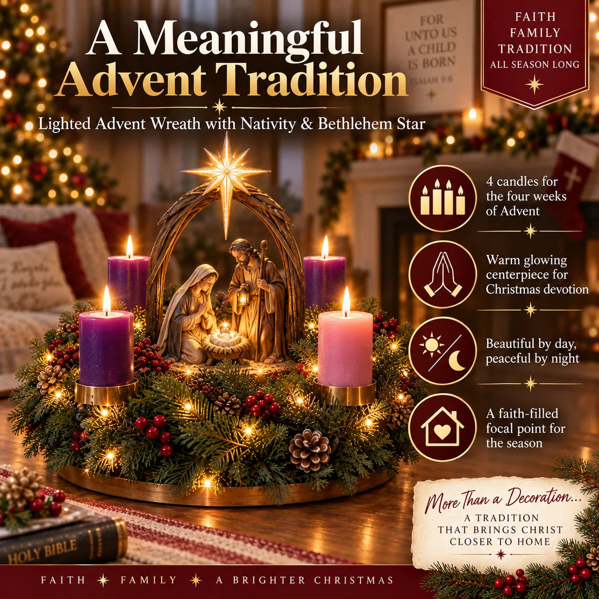 Lighted Nativity Advent Wreath – 4-Week Christmas Candlelight Tradition 🕯️