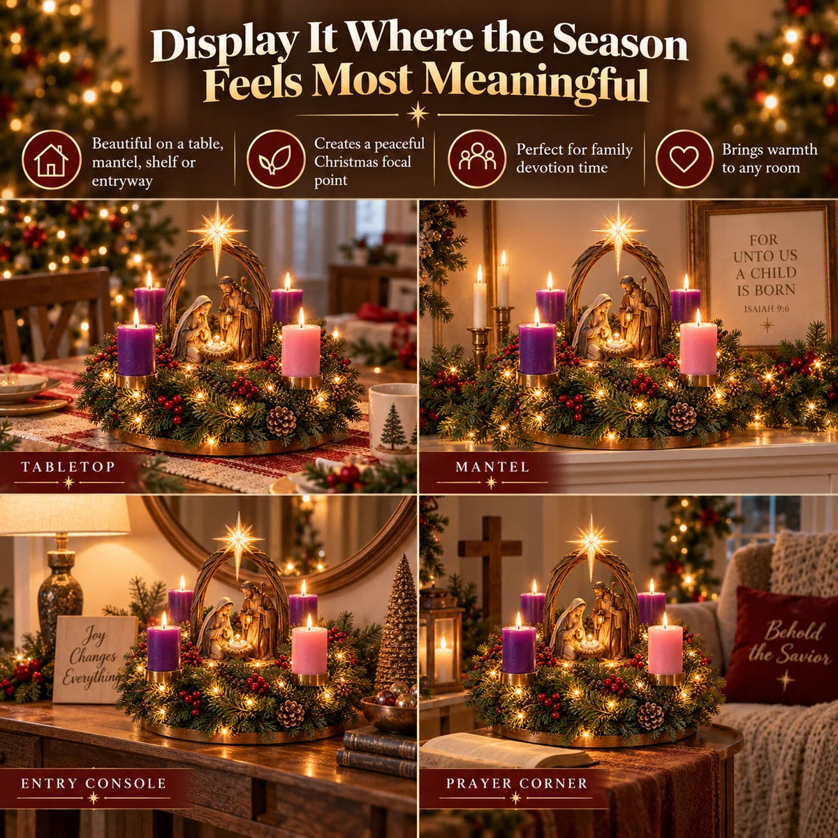 Lighted Nativity Advent Wreath – 4-Week Christmas Candlelight Tradition 🕯️