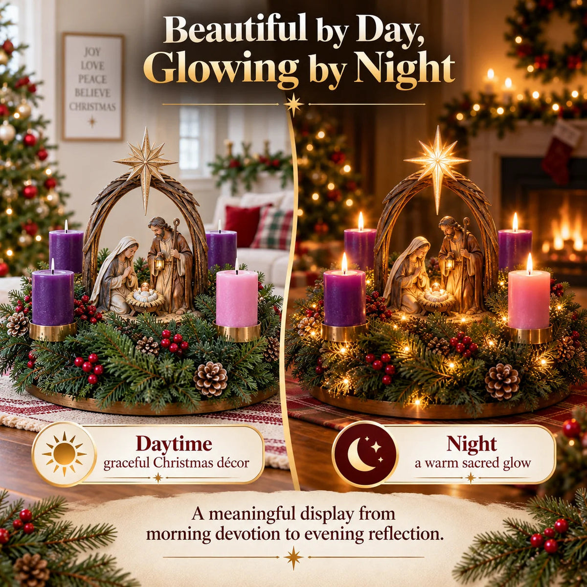 Lighted Nativity Advent Wreath – 4-Week Christmas Candlelight Tradition 🕯️