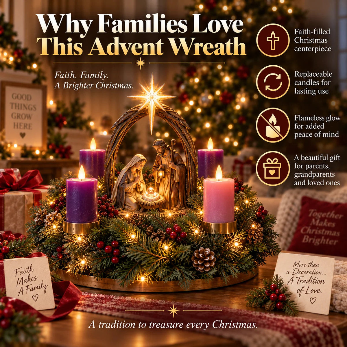 Lighted Nativity Advent Wreath – 4-Week Christmas Candlelight Tradition 🕯️