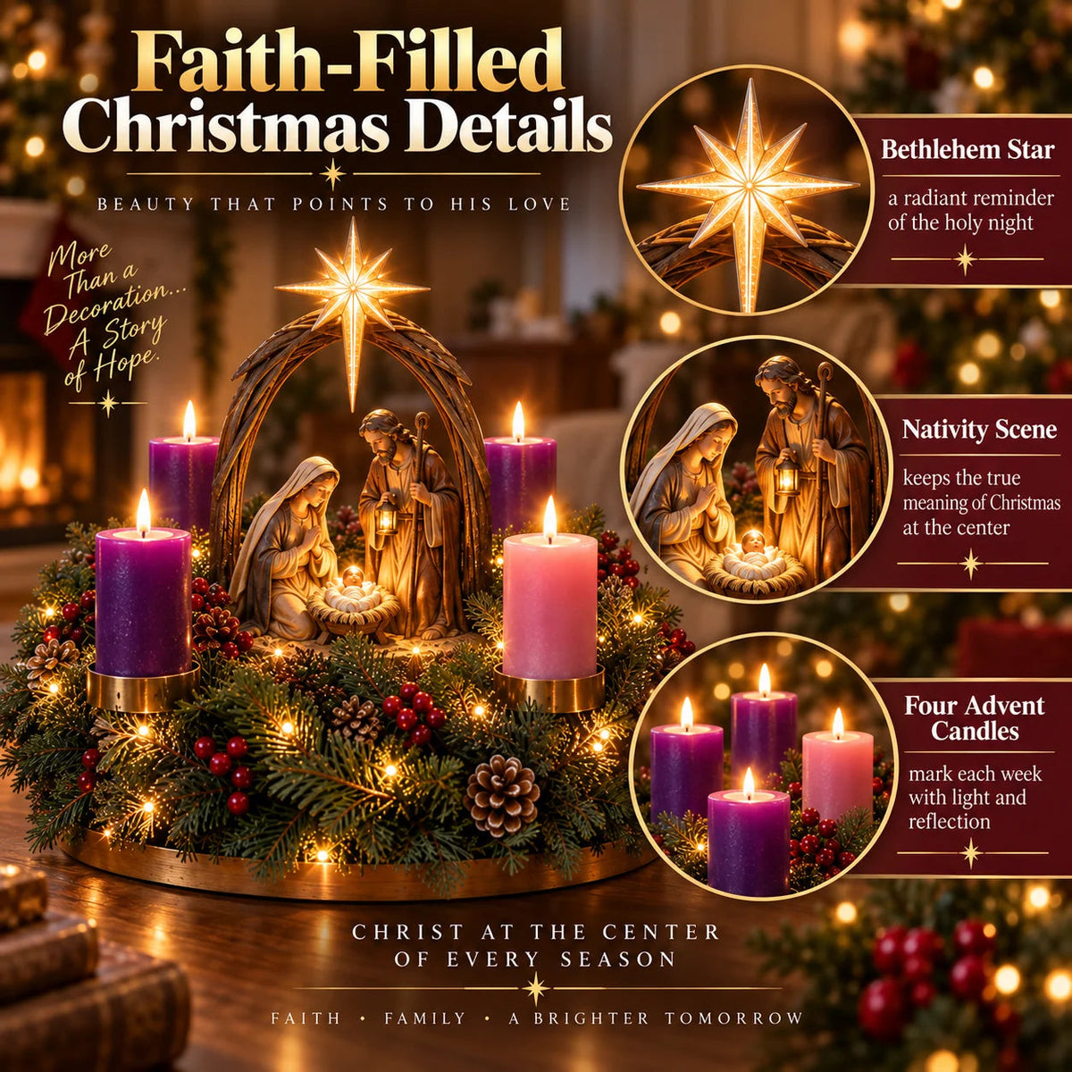 Lighted Nativity Advent Wreath – 4-Week Christmas Candlelight Tradition 🕯️