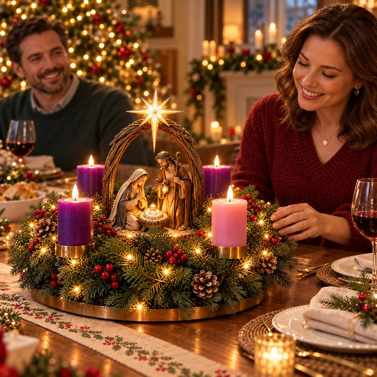Lighted Nativity Advent Wreath – 4-Week Christmas Candlelight Tradition 🕯️