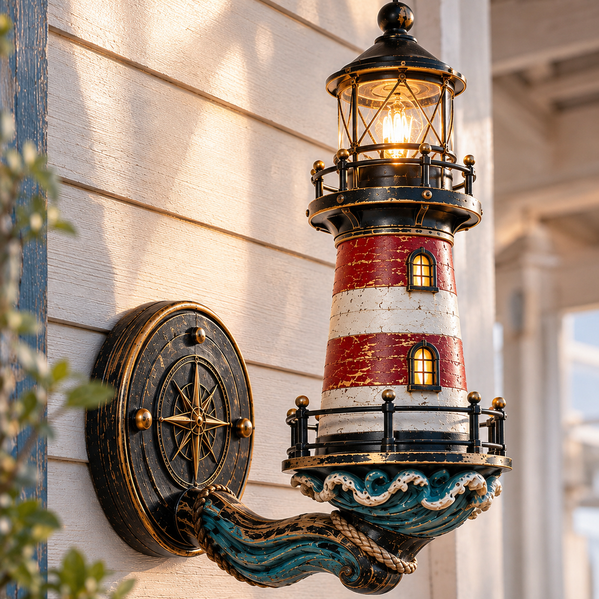 Close-up details of vintage coastal lighthouse wall light