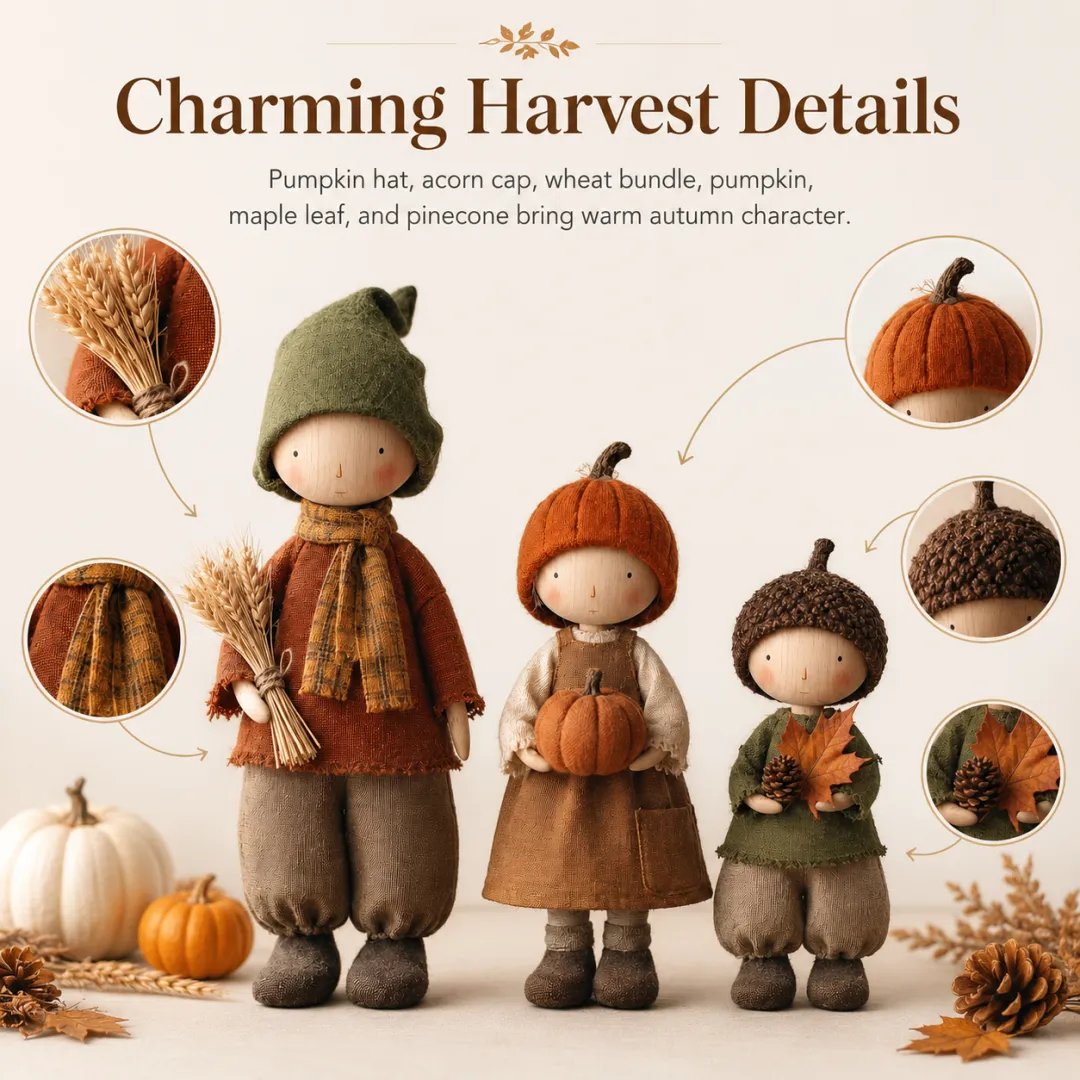 Set of 3 Rustic Fall Harvest Doll Figurines