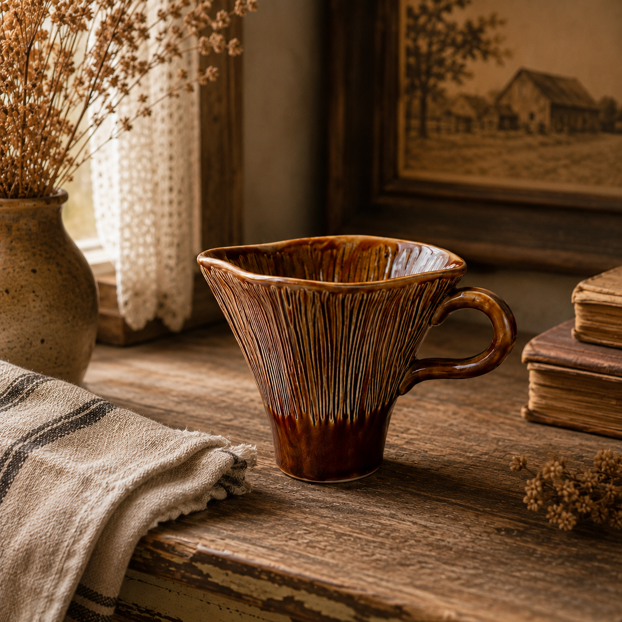 Vintage Ribbed Ceramic Coffee Cup