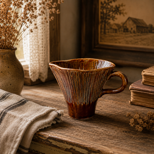 Vintage Ribbed Ceramic Coffee Cup