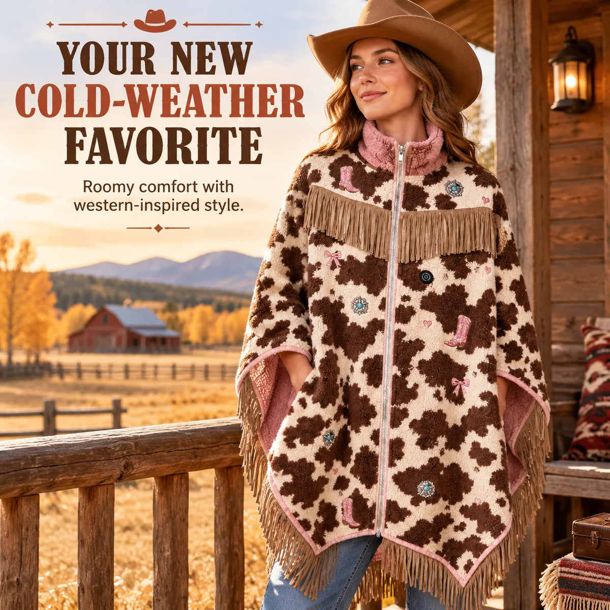 🔥 Heated Western Sherpa Fringe Poncho 🤠 – 3 Heat Levels & Cozy Cowgirl Style ✨