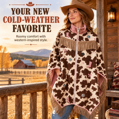 🔥 Heated Western Sherpa Fringe Poncho 🤠 – 3 Heat Levels & Cozy Cowgirl Style ✨