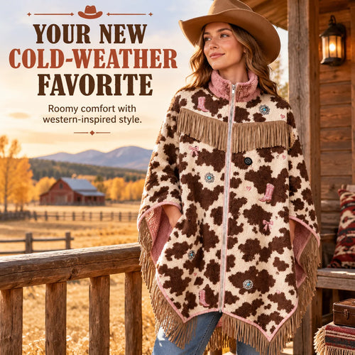 🔥 Heated Western Sherpa Fringe Poncho 🤠 – 3 Heat Levels & Cozy Cowgirl Style ✨