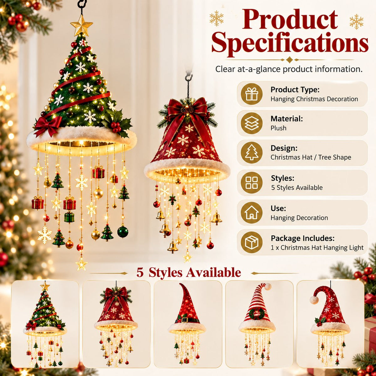 🎄 Weihnachtsmützen Hängeleuchte mit Lichteffekt