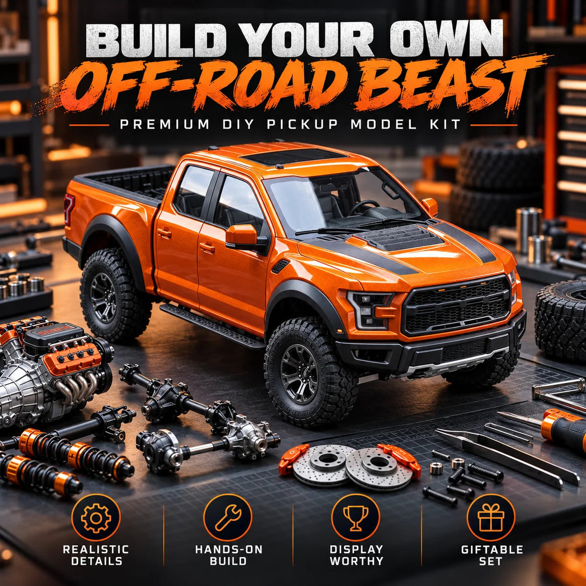 🛻 DIY Off-Road Pickup Truck Model Kit - Orange Mechanical Assembly 🏆