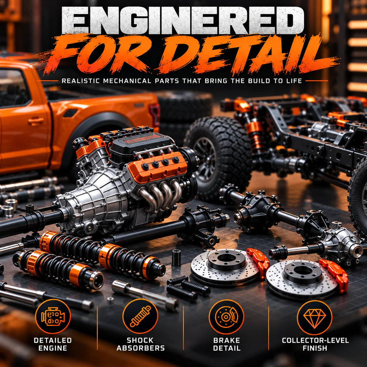 🛻 DIY Off-Road Pickup Truck Model Kit - Orange Mechanical Assembly 🏆