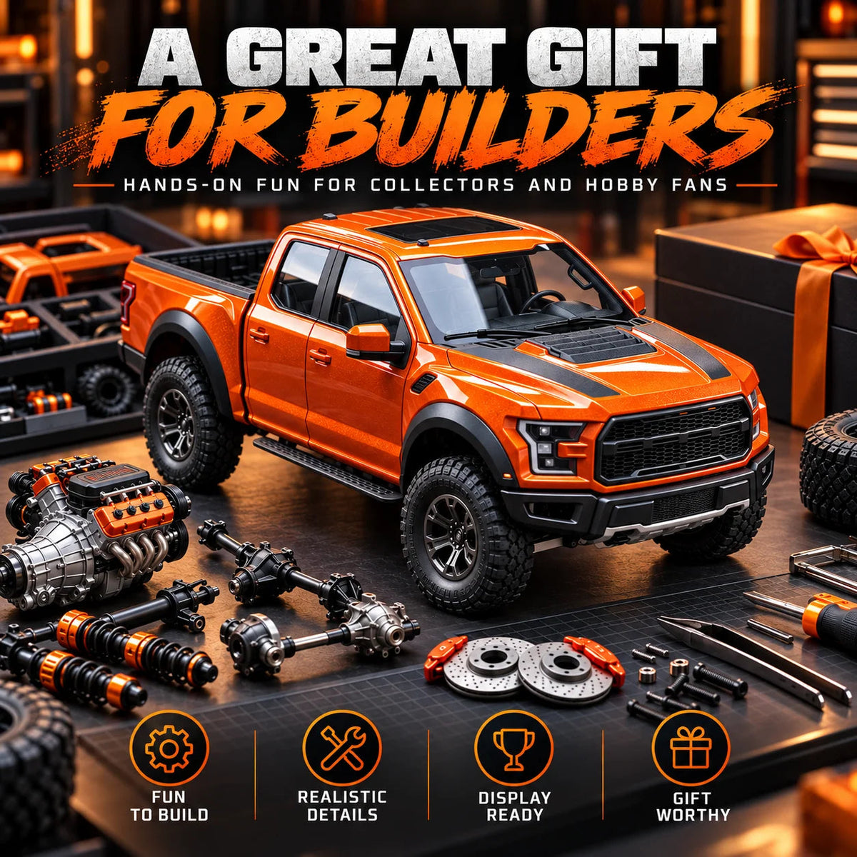 🛻 DIY Off-Road Pickup Truck Model Kit - Orange Mechanical Assembly 🏆