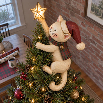 🐱 Vintage Lighted Cat Christmas Tree Topper – Climbing Kitty with Glowing Star, Santa Hat & Plaid Scarf 🎄✨