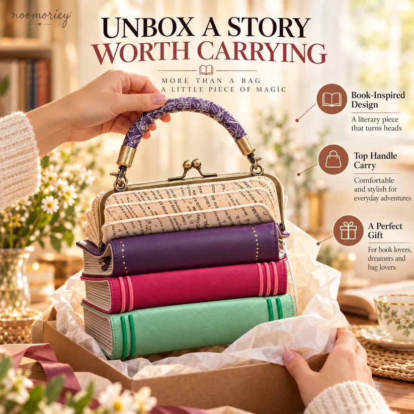 📚✨Book Stack Handbag – Vintage-Inspired Book-Shaped Top Handle Purse, Unique Gift for Book Lovers