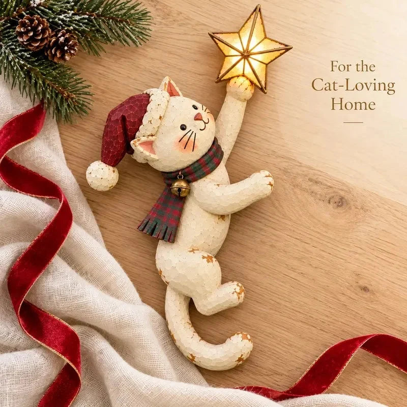 🐱 Vintage Lighted Cat Christmas Tree Topper – Climbing Kitty with Glowing Star, Santa Hat & Plaid Scarf 🎄✨