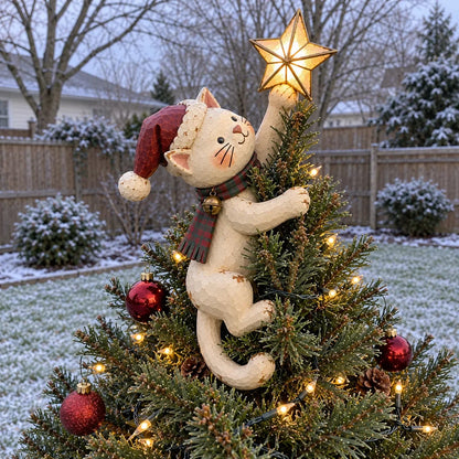 🐱 Vintage Lighted Cat Christmas Tree Topper – Climbing Kitty with Glowing Star, Santa Hat & Plaid Scarf 🎄✨
