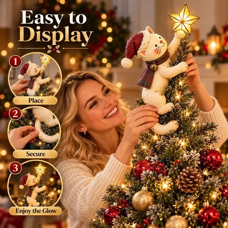 🐱 Vintage Lighted Cat Christmas Tree Topper – Climbing Kitty with Glowing Star, Santa Hat & Plaid Scarf 🎄✨