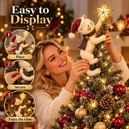 🐱 Vintage Lighted Cat Christmas Tree Topper – Climbing Kitty with Glowing Star, Santa Hat & Plaid Scarf 🎄✨