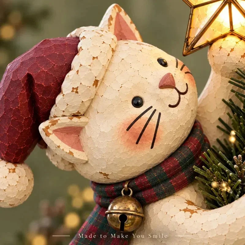 🐱 Vintage Lighted Cat Christmas Tree Topper – Climbing Kitty with Glowing Star, Santa Hat & Plaid Scarf 🎄✨
