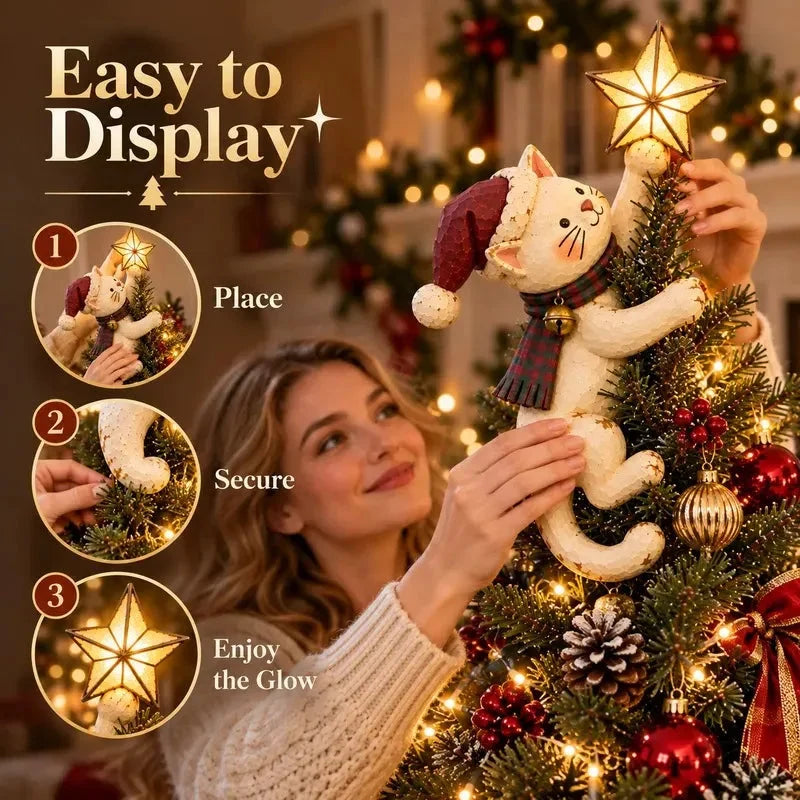 🐱 Vintage Lighted Cat Christmas Tree Topper – Climbing Kitty with Glowing Star, Santa Hat & Plaid Scarf 🎄✨